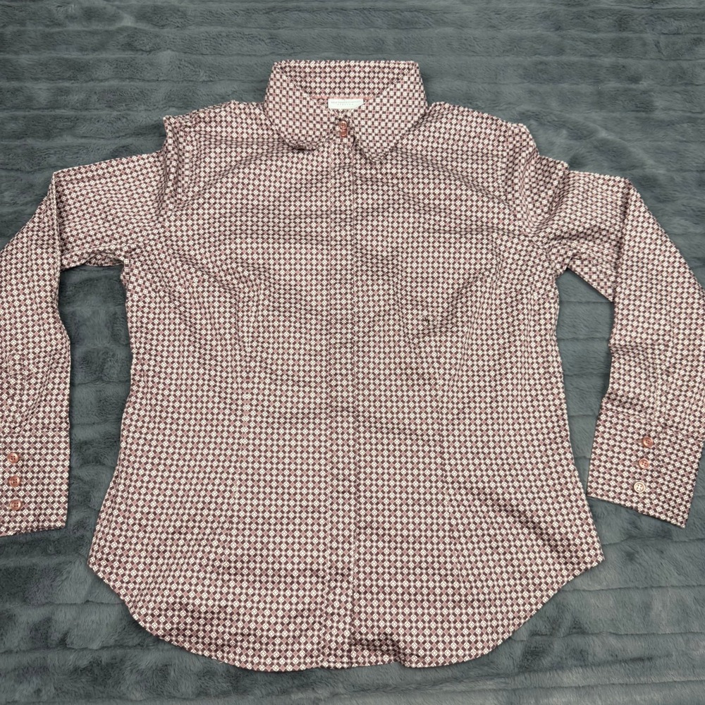 New York & Company Stretch Shirt XL Wine Geometric Print Button Up Long Sleeve